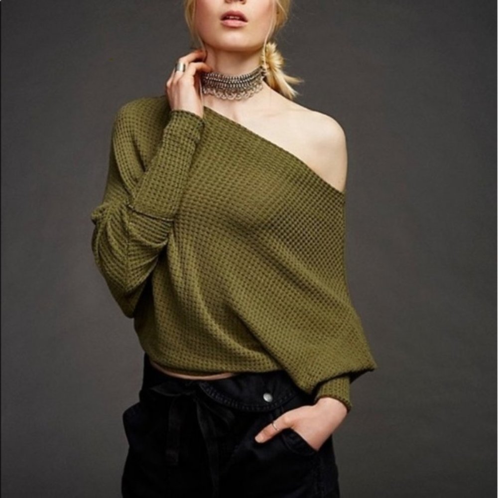 Free People Olive Green Waffle Weave Sweater S